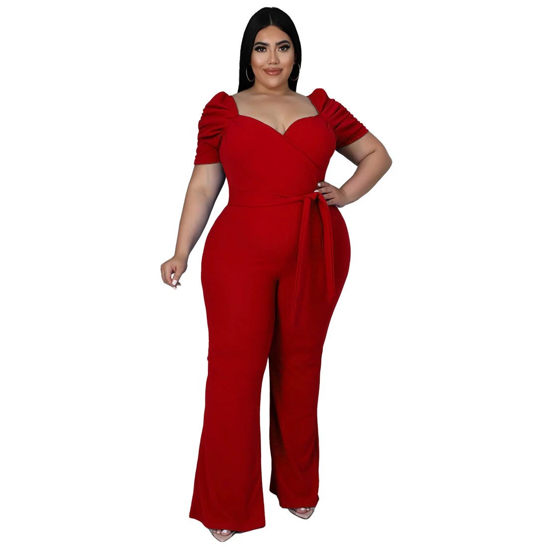 Women's Plus-Size Stand Collar Ruffle Sleeve High-Waist Jumpsuit Wide-Leg Pants