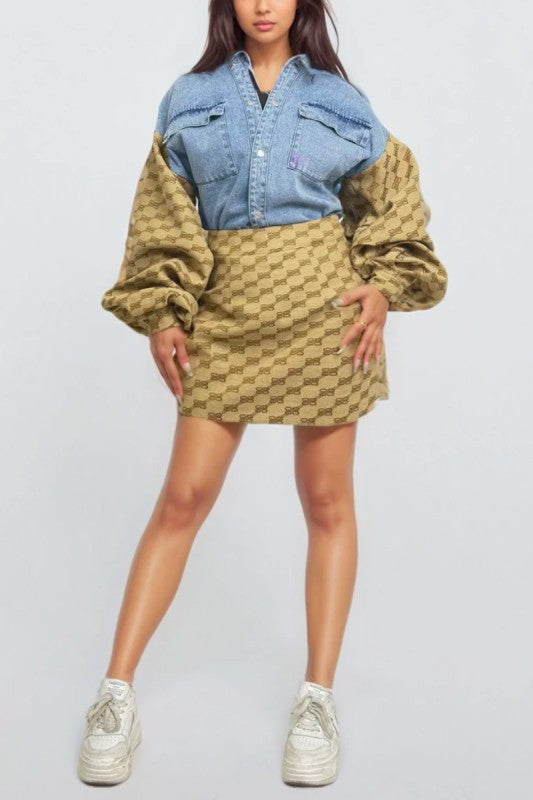 Denim & Monogram Puff Sleeve Two-Piece Set