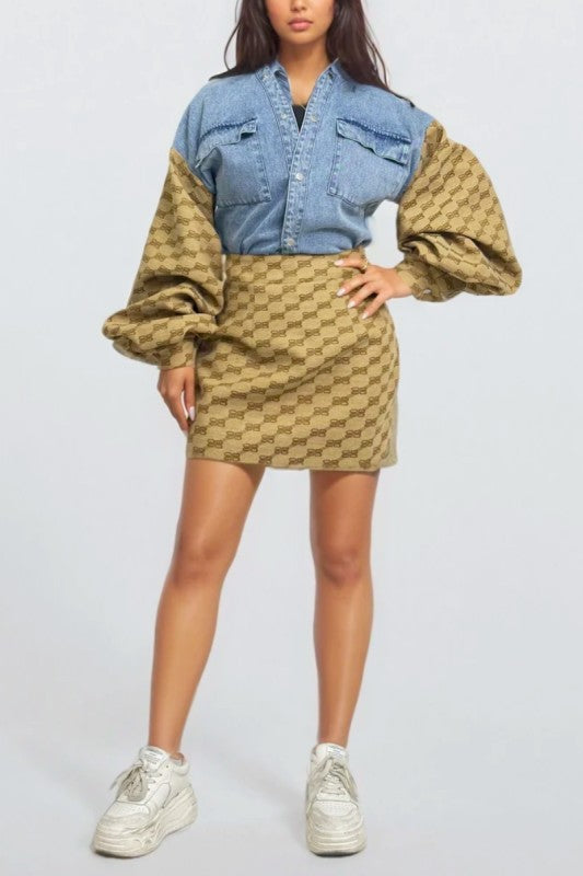 Denim & Monogram Puff Sleeve Two-Piece Set