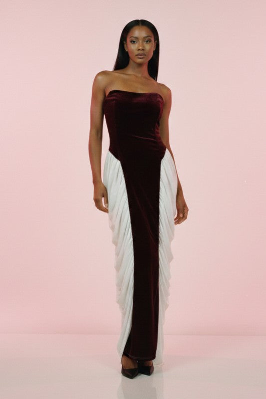 Strapless Velvet & Chiffon Contrast Gown