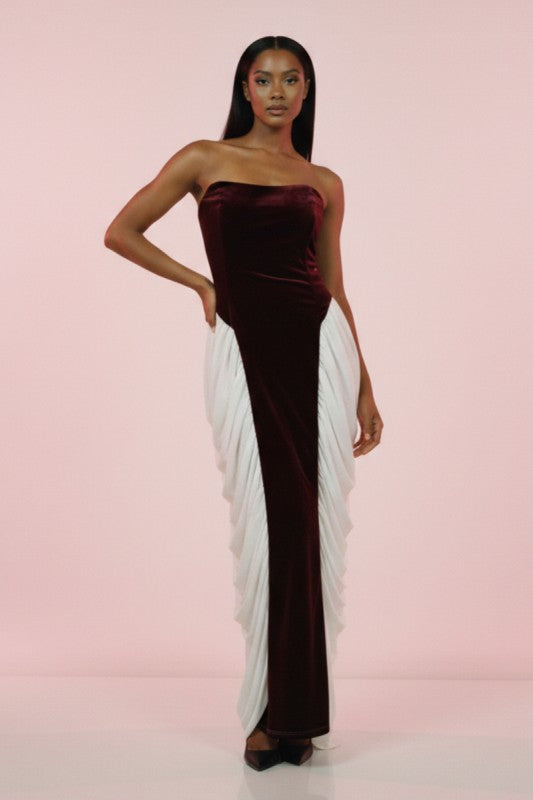 Strapless Velvet & Chiffon Contrast Gown
