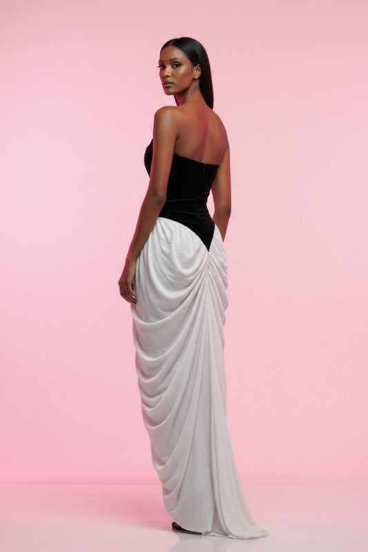 Strapless Velvet & Chiffon Contrast Gown