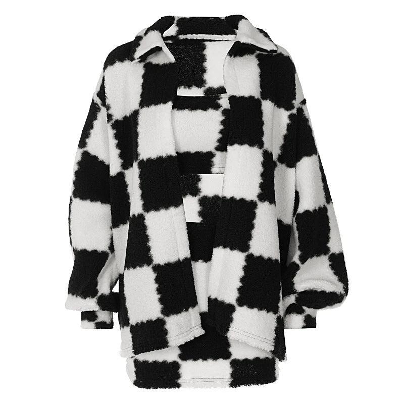 Black And White Plaid Coat and Skirt Set
