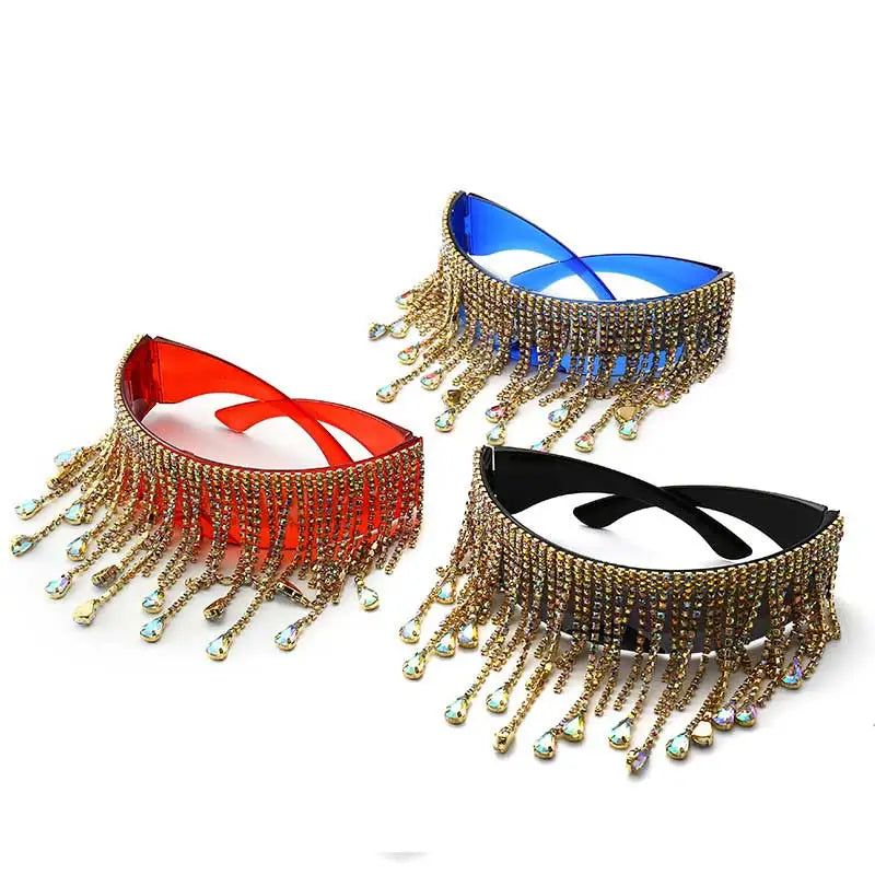 Oversized Tassel Crystal Goggles Sunglasses Women Luxury Desinger Diamond Show Sun Glasses Steampunk  Bling Glasses Shade