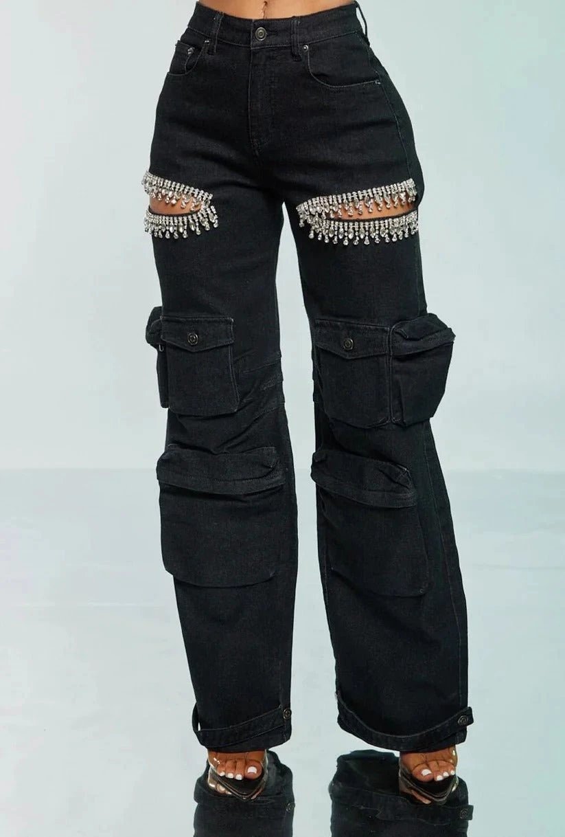 Thigh Hollow-out Rhinestone Decorations Cargo Multi-pocket Stretch Jeans