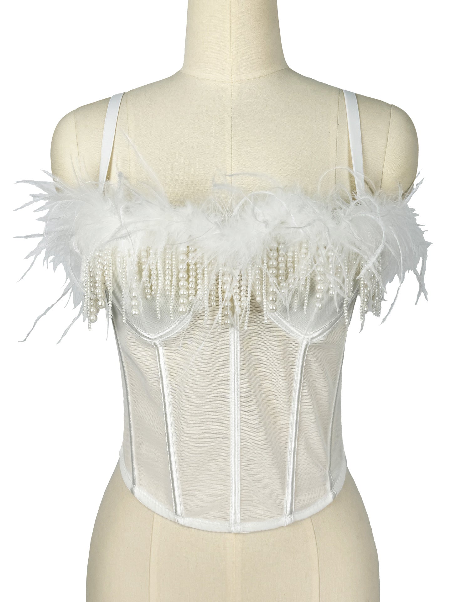 Pearl Feather Sexy Boning Corset Bra Autumn Winter Matching Tube Top Beauty Back Sling Tassel Stage Camisole