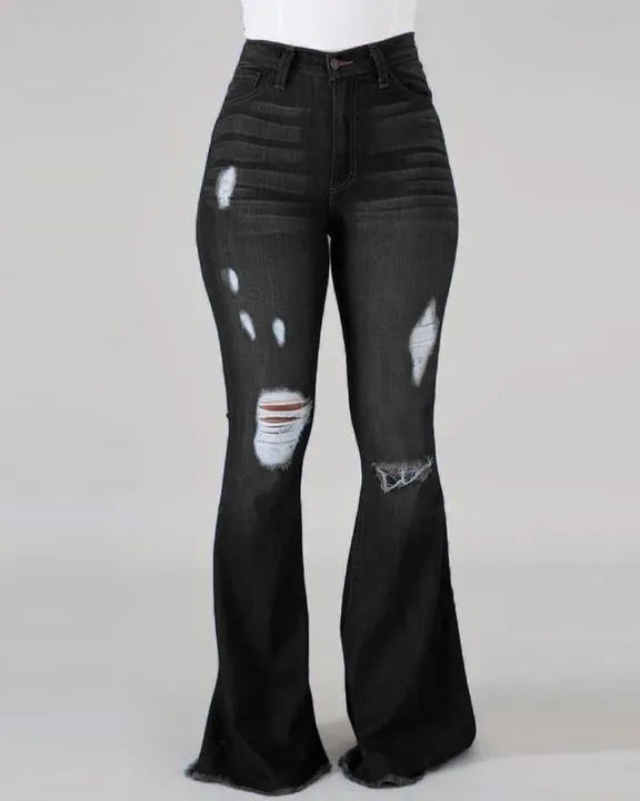 Denim Womens Pants High-stretch Ripped Jeans High-waisted Flared Trousers for Women