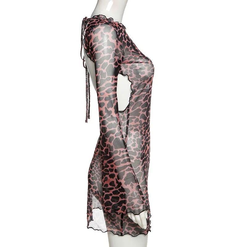 Combhasaki Women‘s Summer Mesh Leopard See-throug Tie-up Backless Mini Dress Flare Long Sleeve Beach Vacation Cover-ups Sundress