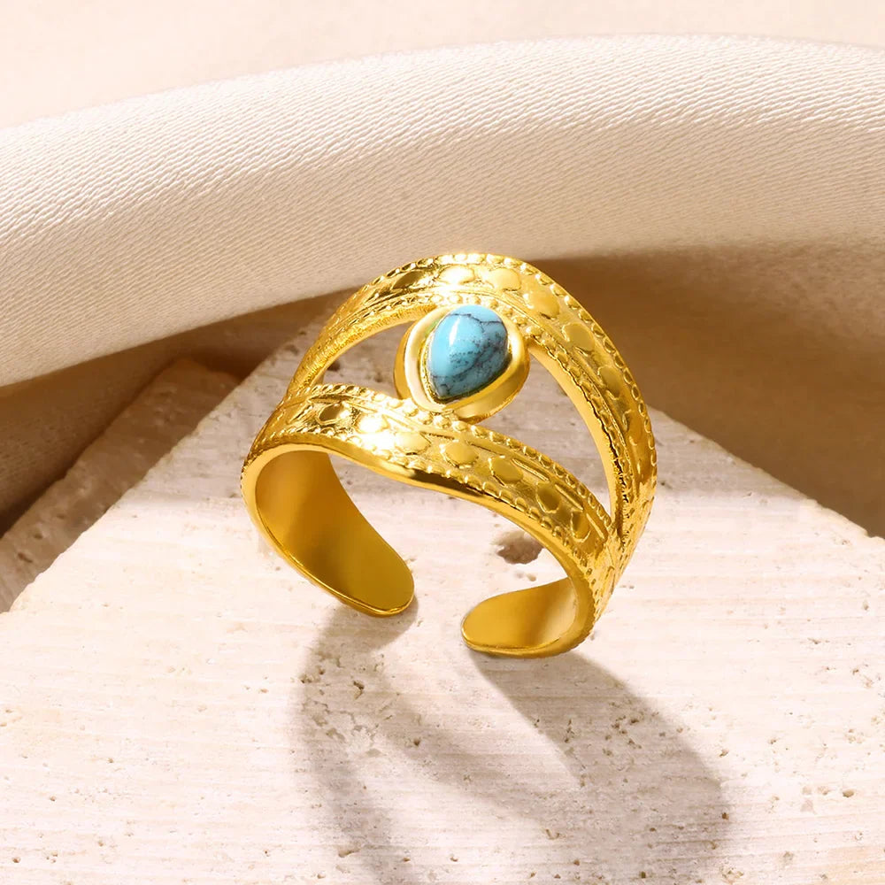 Round Sun Natural Stone Hollow Rings For Women Trendy Aesthetic Classic Gold Color Ring Vintage Stainless Steel Jewelry Gift New