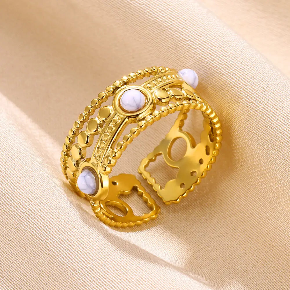 Round Sun Natural Stone Hollow Rings For Women Trendy Aesthetic Classic Gold Color Ring Vintage Stainless Steel Jewelry Gift New