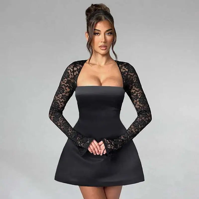 Townlike Lace Patchwork Waist Wrap A-line Dress Women Mini 2024 Autumn Winter Dress Backless Nightclub Sexy Party Dresses