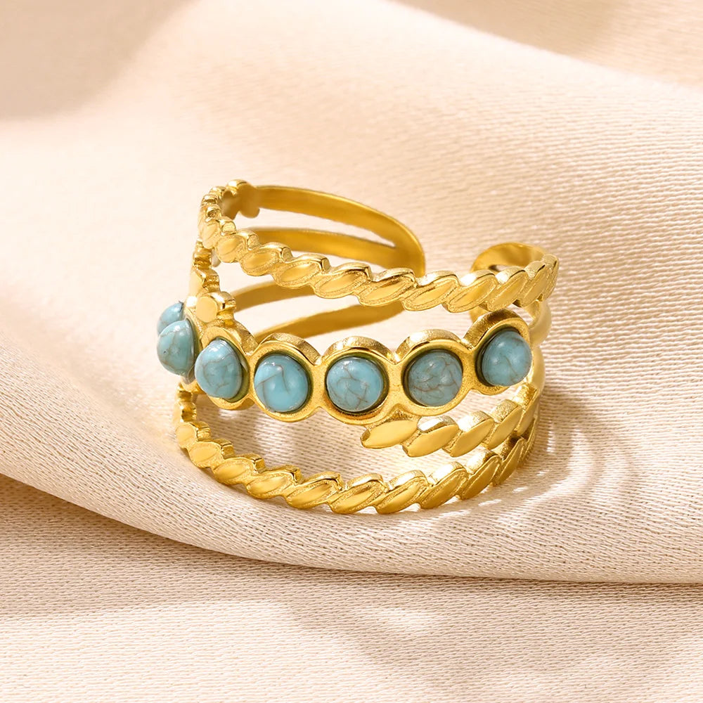 Round Sun Natural Stone Hollow Rings For Women Trendy Aesthetic Classic Gold Color Ring Vintage Stainless Steel Jewelry Gift New