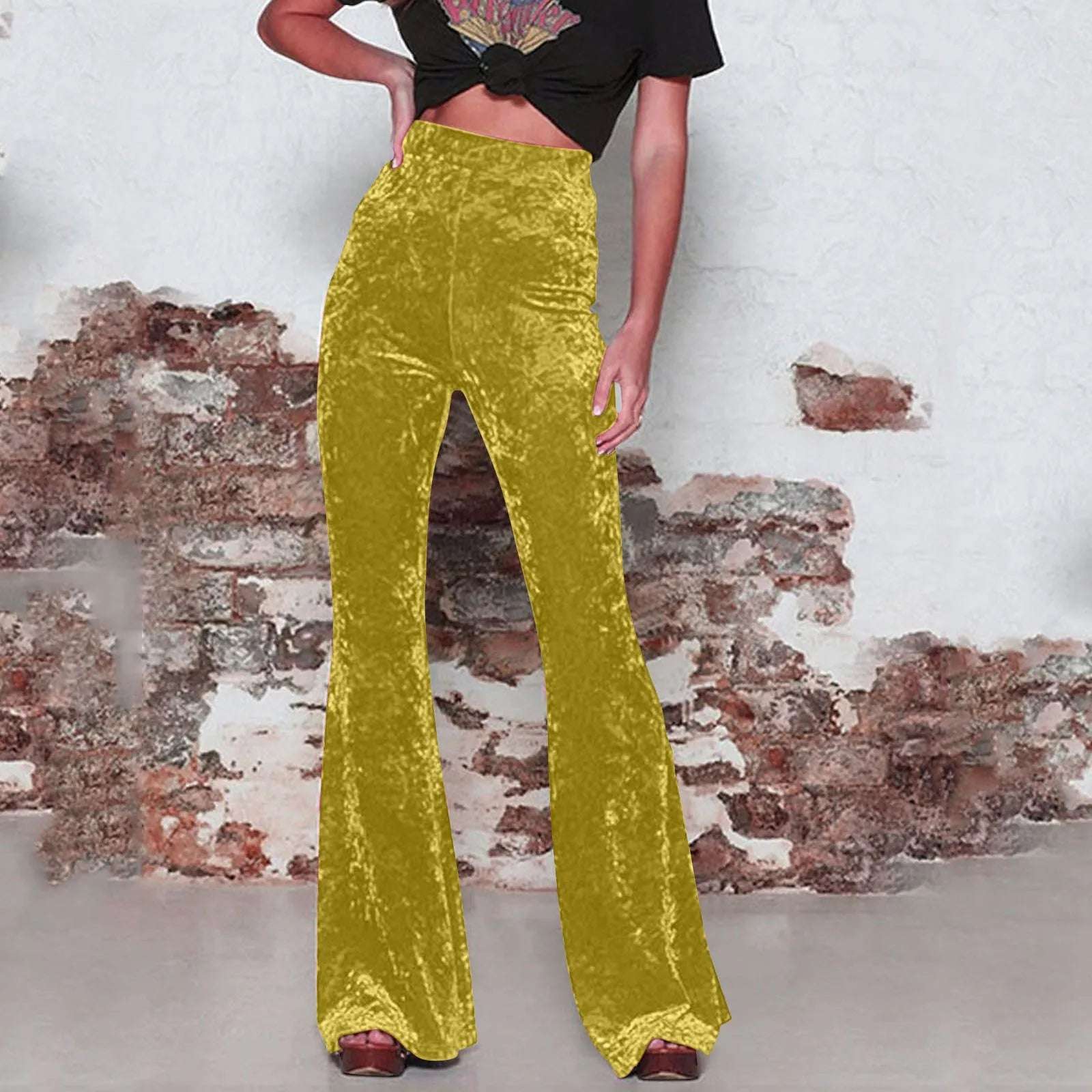 Women Golden Velvet Flare Pants Vintage High Waist Pants Solid Color Pocket Straight Trousers Autumn Street Party Dance Wear