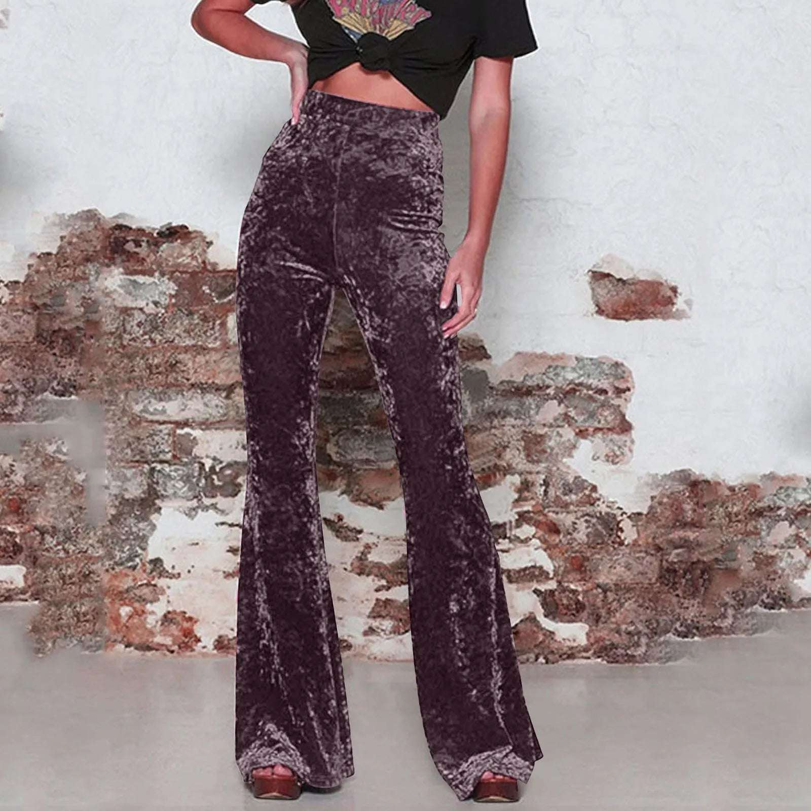 Women Golden Velvet Flare Pants Vintage High Waist Pants Solid Color Pocket Straight Trousers Autumn Street Party Dance Wear
