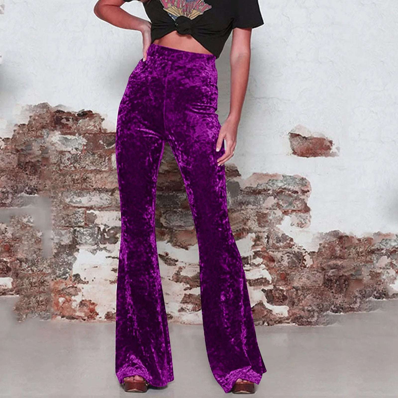 Women Golden Velvet Flare Pants Vintage High Waist Pants Solid Color Pocket Straight Trousers Autumn Street Party Dance Wear