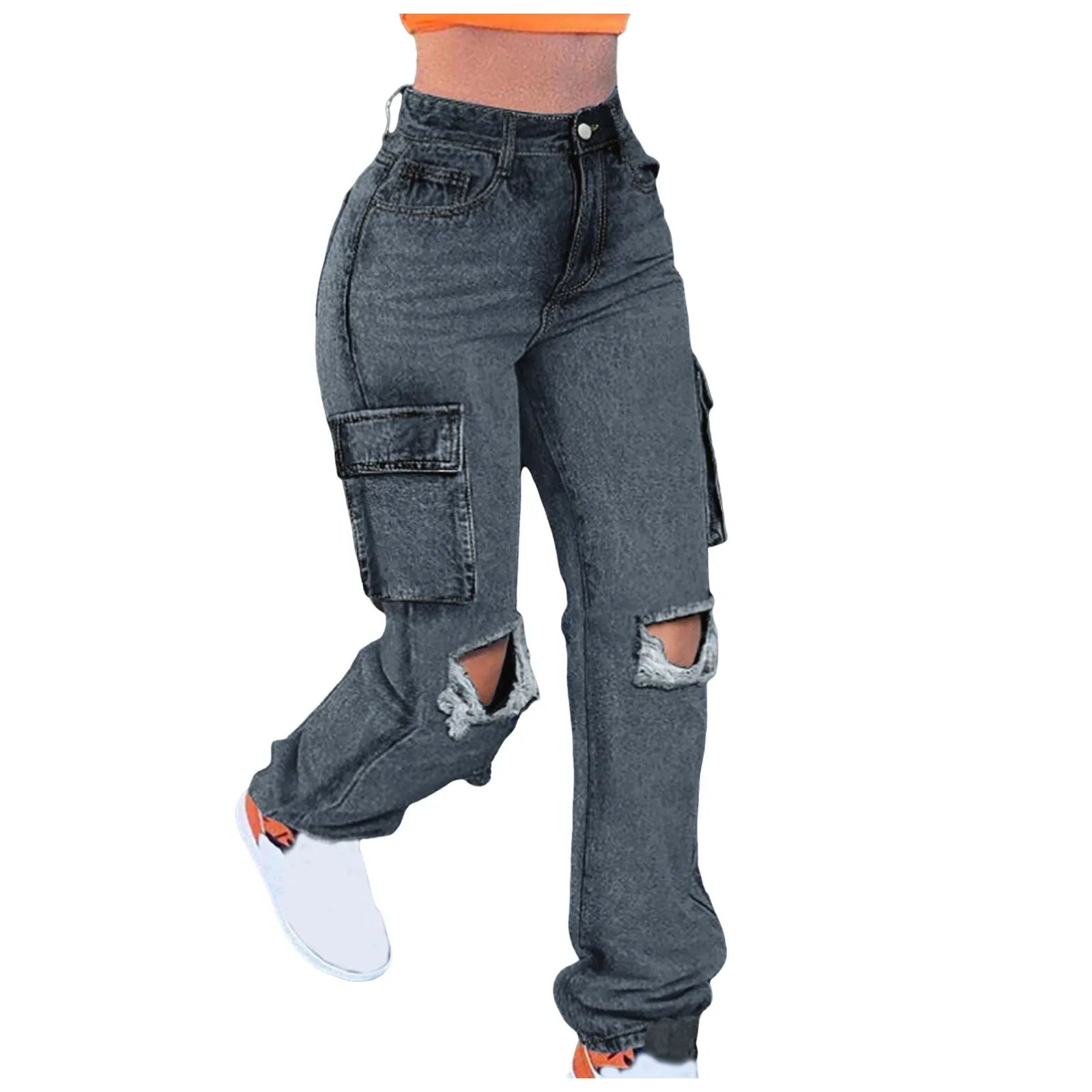 Women'S Jeans New Trendy Fall Wholesale Casual Washed Baggy Pocket Cargo Straight Trousers Jeans Ladies Streetwear Black Denim