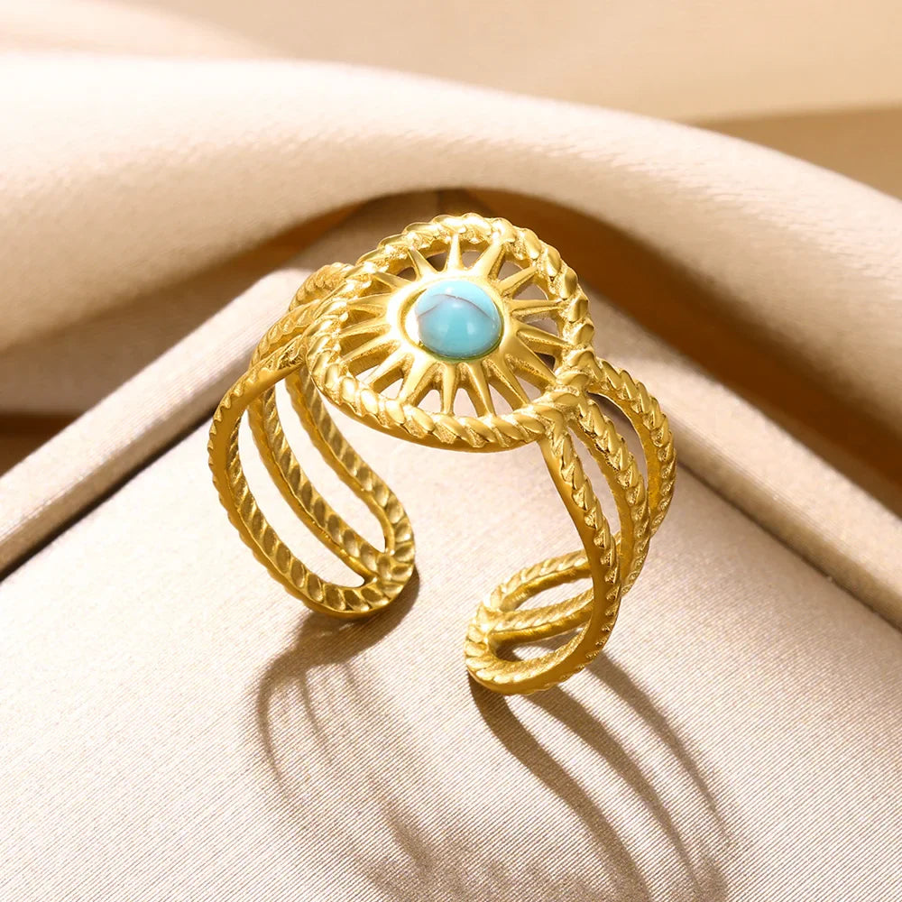 Round Sun Natural Stone Hollow Rings For Women Trendy Aesthetic Classic Gold Color Ring Vintage Stainless Steel Jewelry Gift New