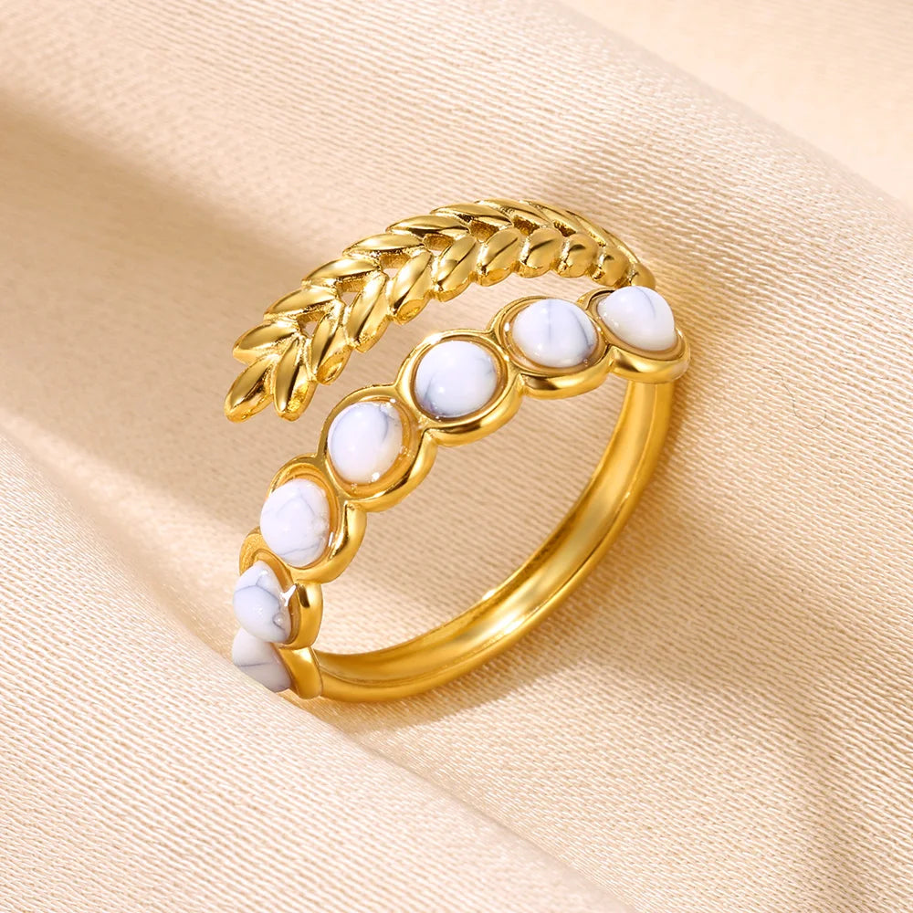 Round Sun Natural Stone Hollow Rings For Women Trendy Aesthetic Classic Gold Color Ring Vintage Stainless Steel Jewelry Gift New
