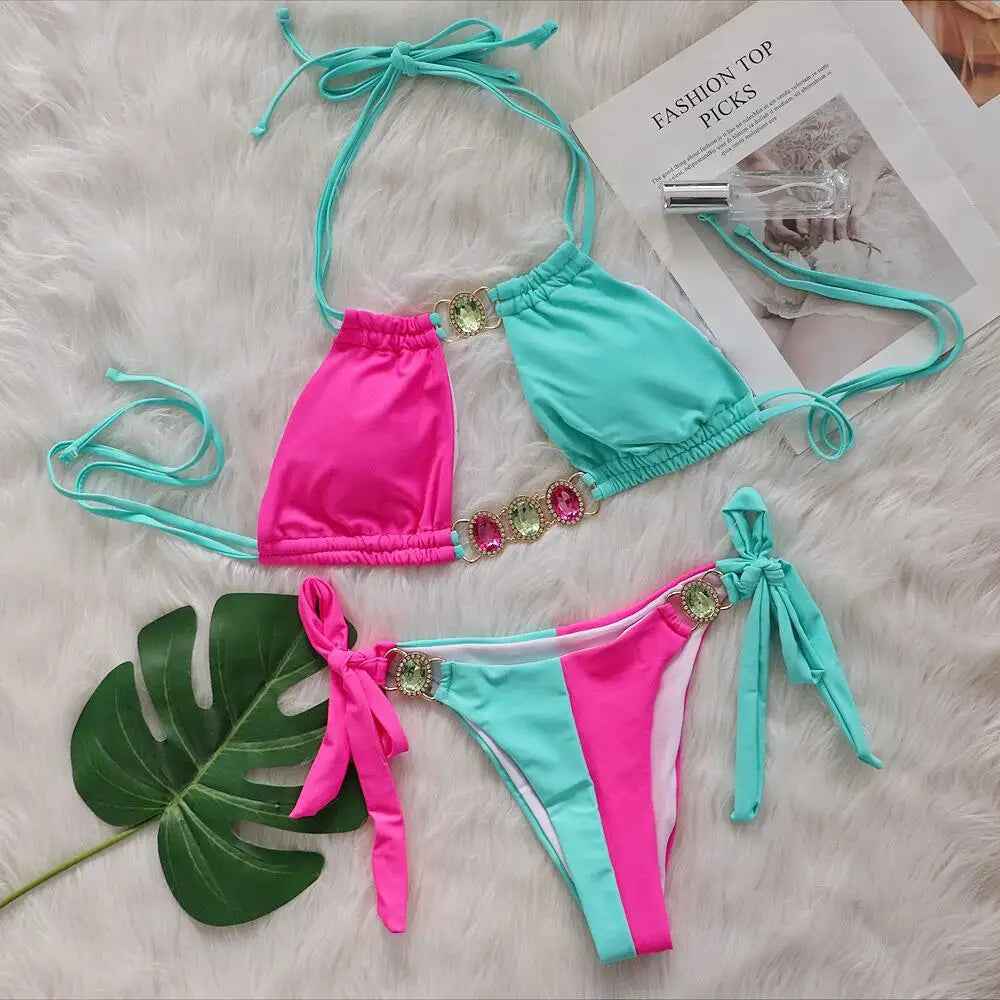 Pink Sexy Bikinis Swimsuit With Rhinestones Women Swimwear Female Push Up Bikini Beach Swim Wear Bathing Suits Pool Bather 2024