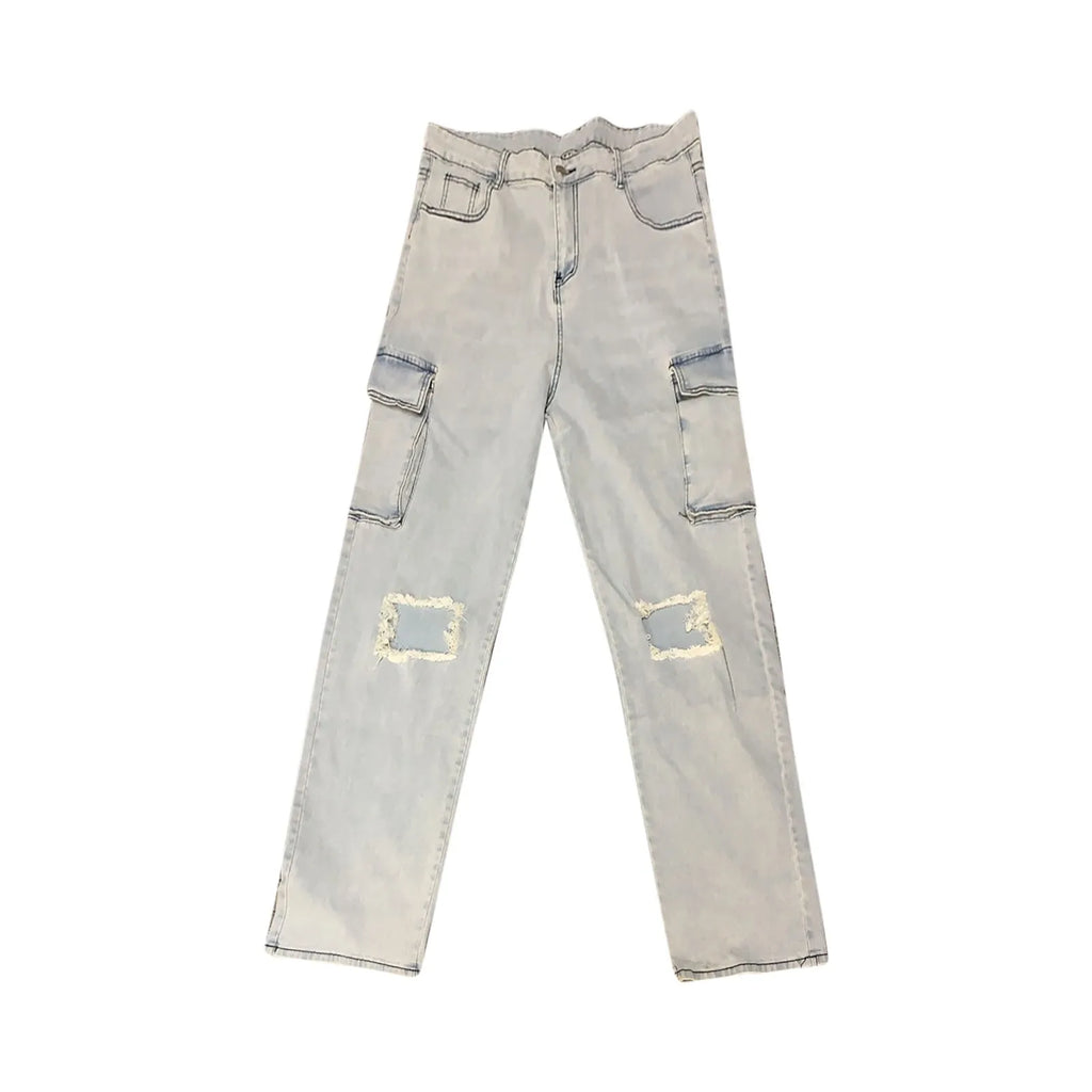Women'S Jeans New Trendy Fall Wholesale Casual Washed Baggy Pocket Cargo Straight Trousers Jeans Ladies Streetwear Black Denim