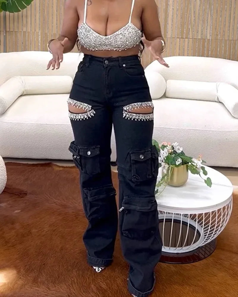 Women Cutout Diamonds Crystal Hollow Out Straight Denim Pants 2024 Fall Multi Pocket High Waist Wide Leg Jeans Trousers