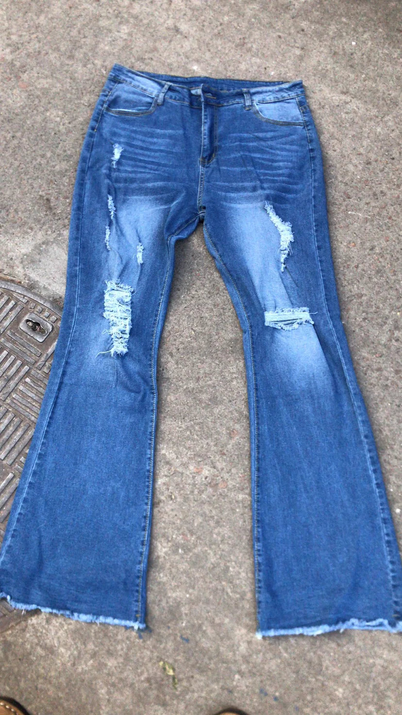 Denim Womens Pants High-stretch Ripped Jeans High-waisted Flared Trousers for Women