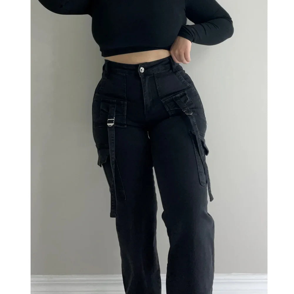 Fashion Women Streetwear Side Pocket Cargo Straight Denim Straight Safari Style Jeans Wide Leg Jeans Trousers Hip-hop Streetwear
