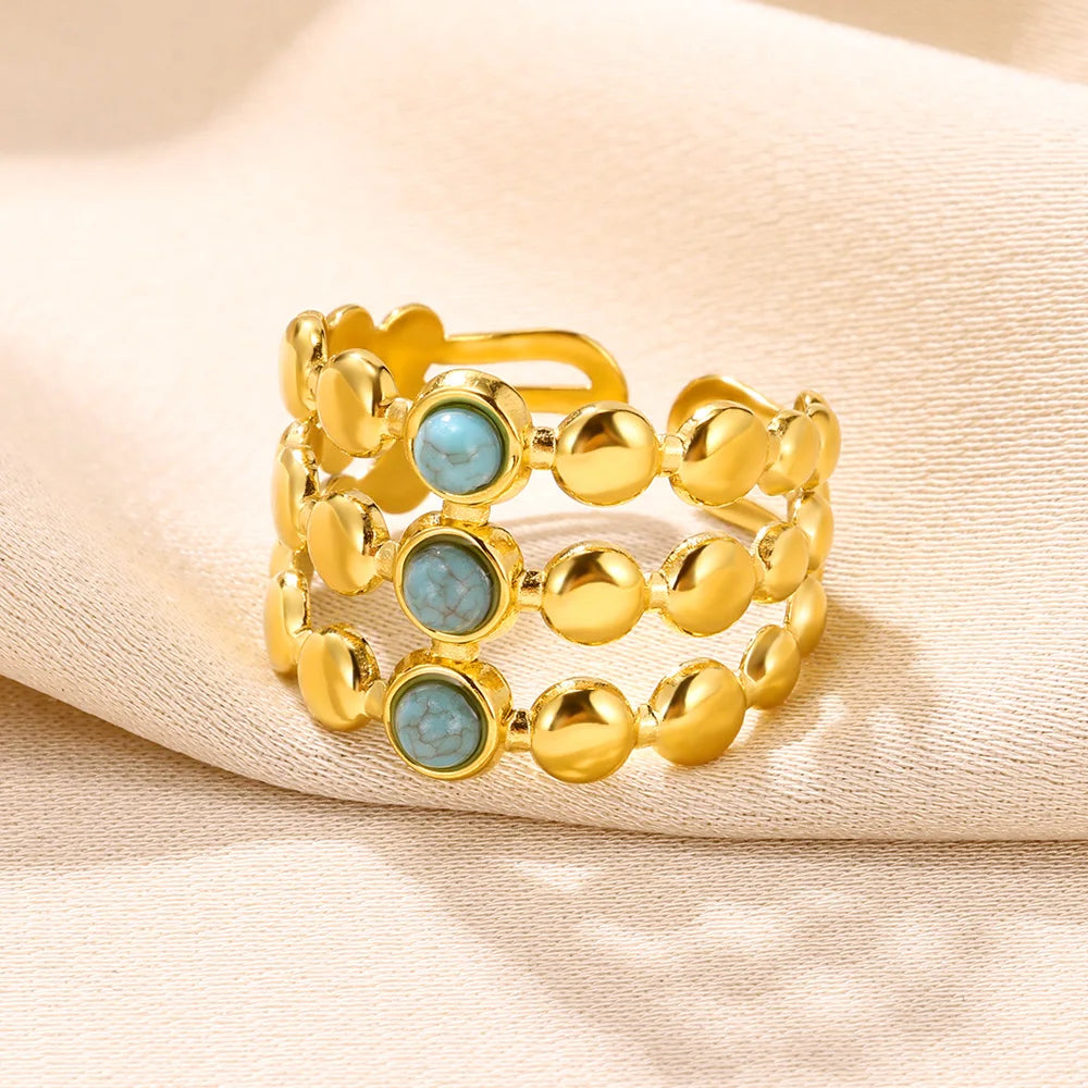 Round Sun Natural Stone Hollow Rings For Women Trendy Aesthetic Classic Gold Color Ring Vintage Stainless Steel Jewelry Gift New