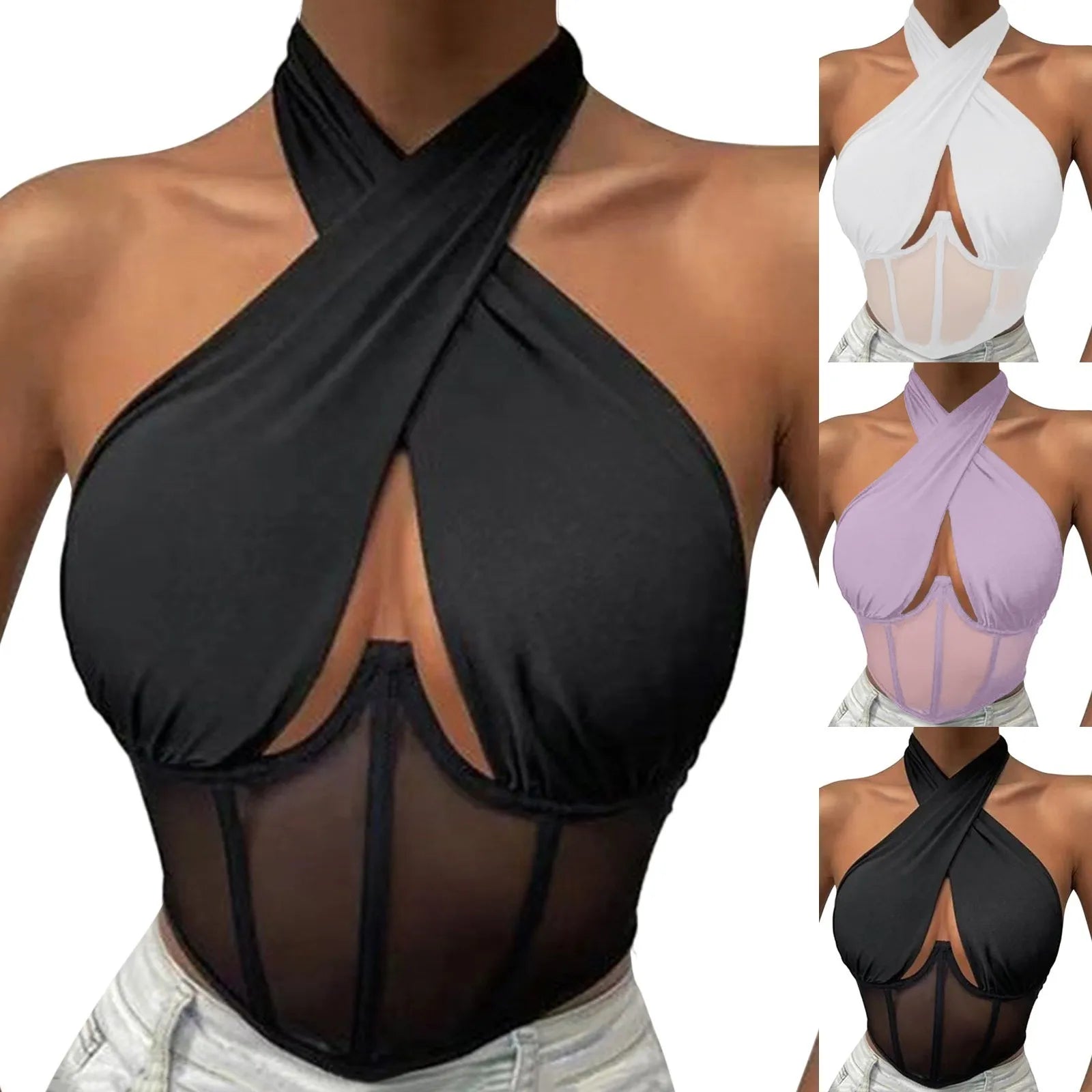 Women Sleeveless Fishbone Corset Vest Solid Hollow Out Cropped Top Summer Halter Backless Sexy Tops Y2k Camis Ropa De Mujer