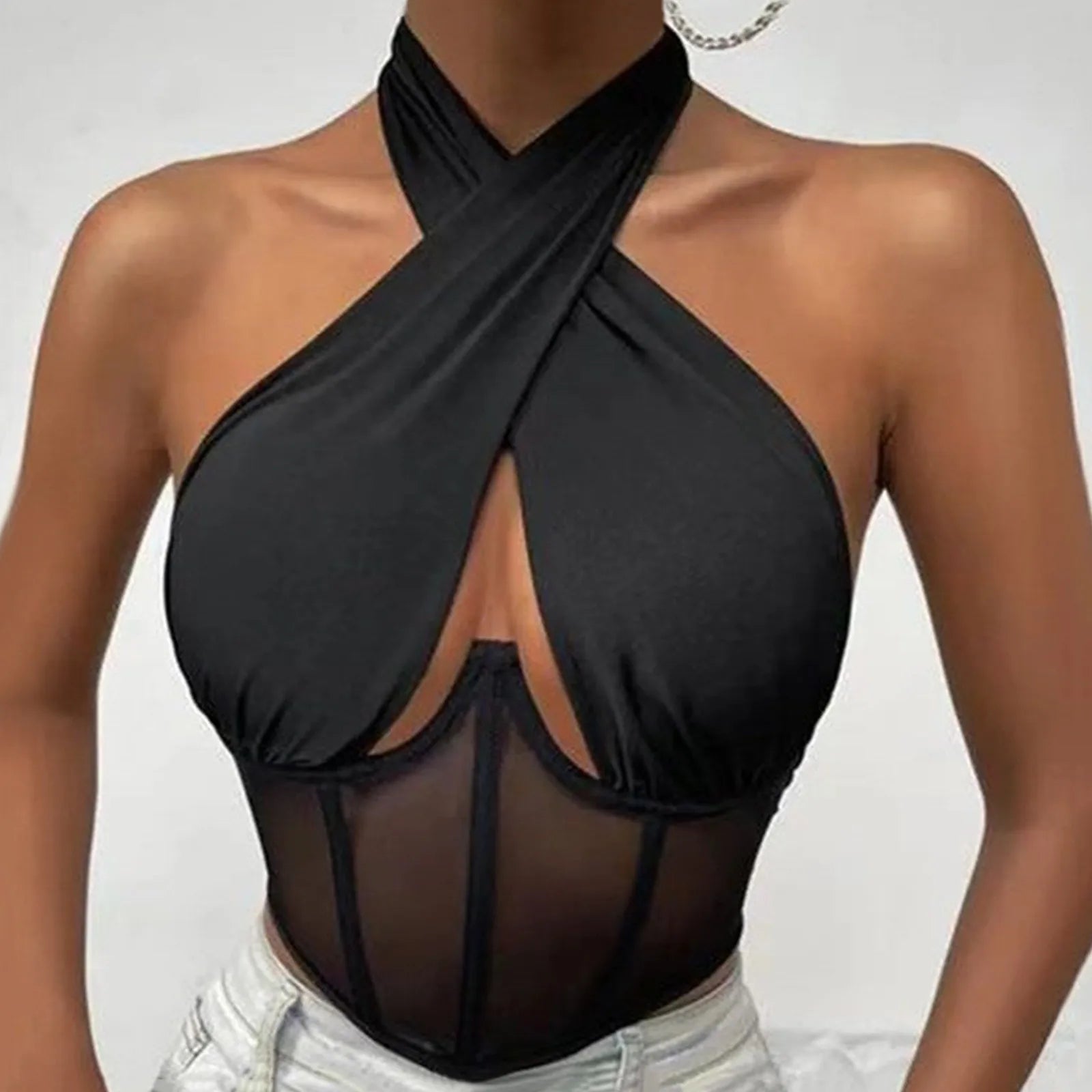 Women Sleeveless Fishbone Corset Vest Solid Hollow Out Cropped Top Summer Halter Backless Sexy Tops Y2k Camis Ropa De Mujer