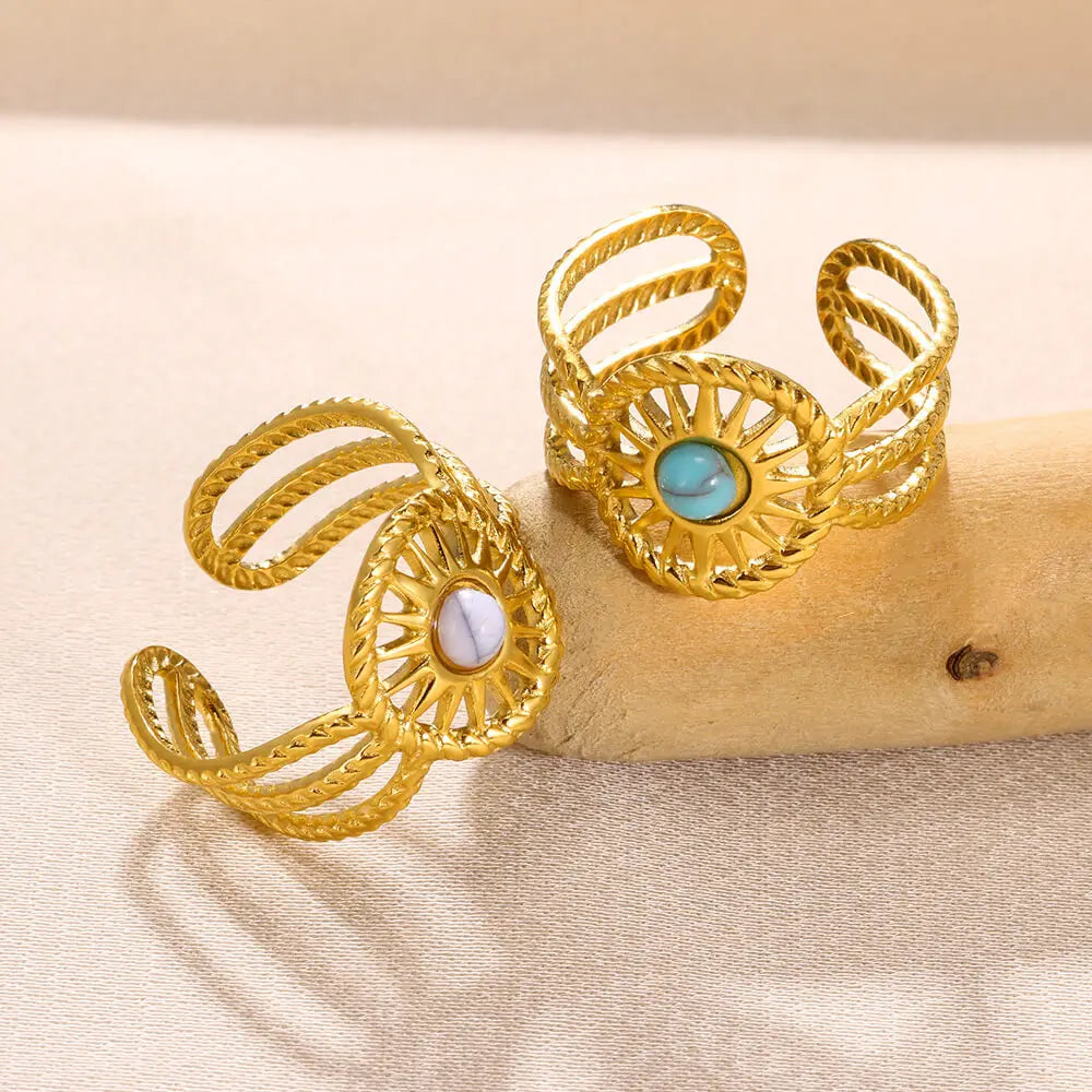 Round Sun Natural Stone Hollow Rings For Women Trendy Aesthetic Classic Gold Color Ring Vintage Stainless Steel Jewelry Gift New