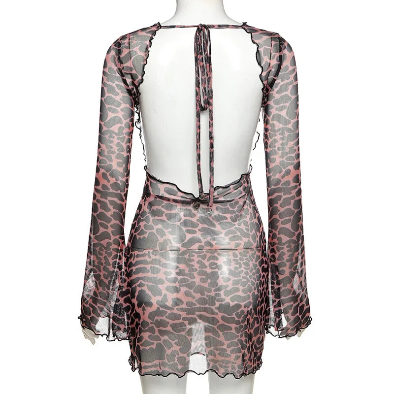 Combhasaki Women‘s Summer Mesh Leopard See-throug Tie-up Backless Mini Dress Flare Long Sleeve Beach Vacation Cover-ups Sundress