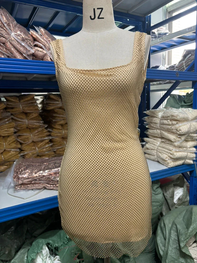 NIDANSSI 2025 Diamonds Glitter Backless Sexy Dress For Women Robes Evening Club Party Dress Bodycon Mini Summer Dress Vestidos
