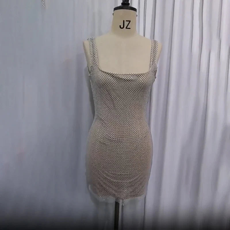 NIDANSSI 2025 Diamonds Glitter Backless Sexy Dress For Women Robes Evening Club Party Dress Bodycon Mini Summer Dress Vestidos