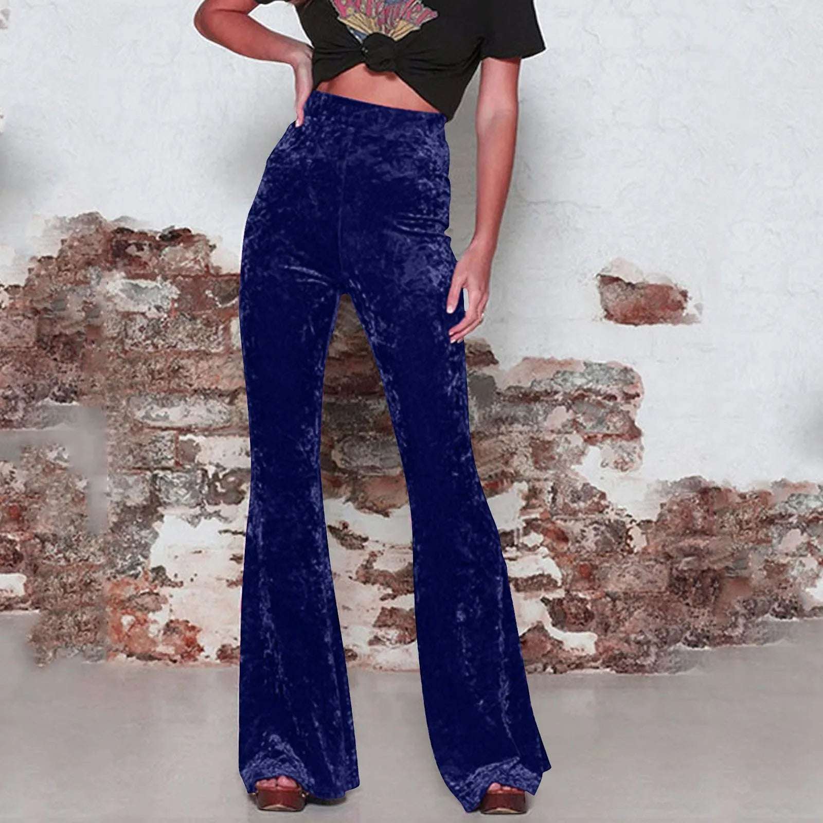 Women Golden Velvet Flare Pants Vintage High Waist Pants Solid Color Pocket Straight Trousers Autumn Street Party Dance Wear