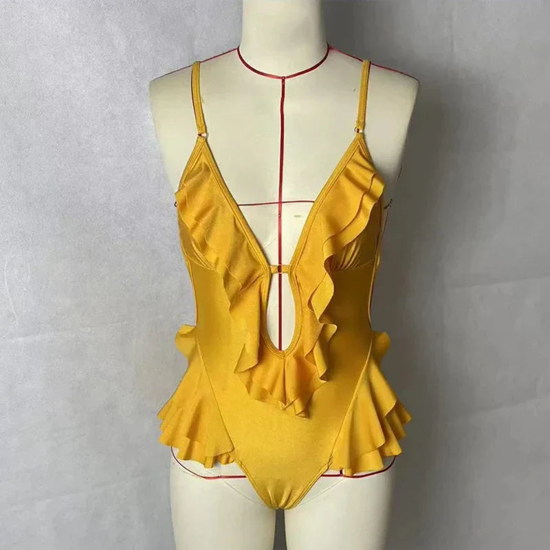BEACHCICI Women's Bikini One Piece Summer Sexy Deep V Neck Suspender Ruffles Hollow Out Beach Holiday Swimwear For Female