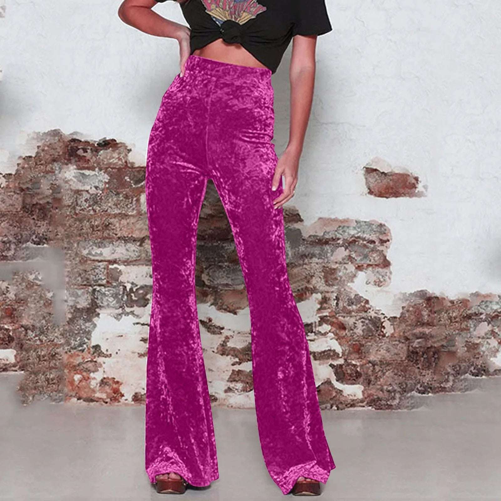 Women Golden Velvet Flare Pants Vintage High Waist Pants Solid Color Pocket Straight Trousers Autumn Street Party Dance Wear