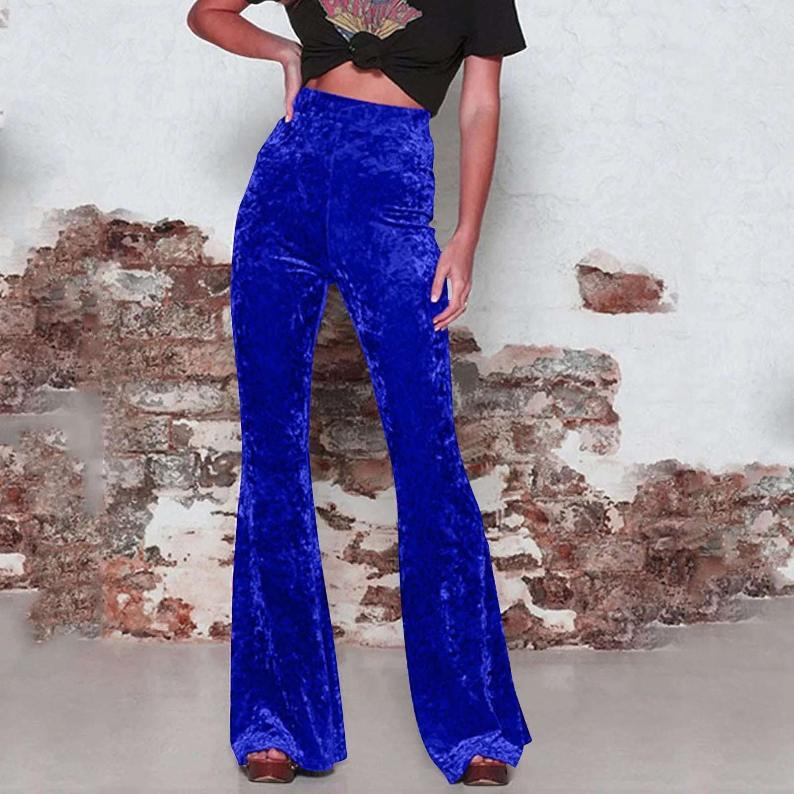 Women Golden Velvet Flare Pants Vintage High Waist Pants Solid Color Pocket Straight Trousers Autumn Street Party Dance Wear