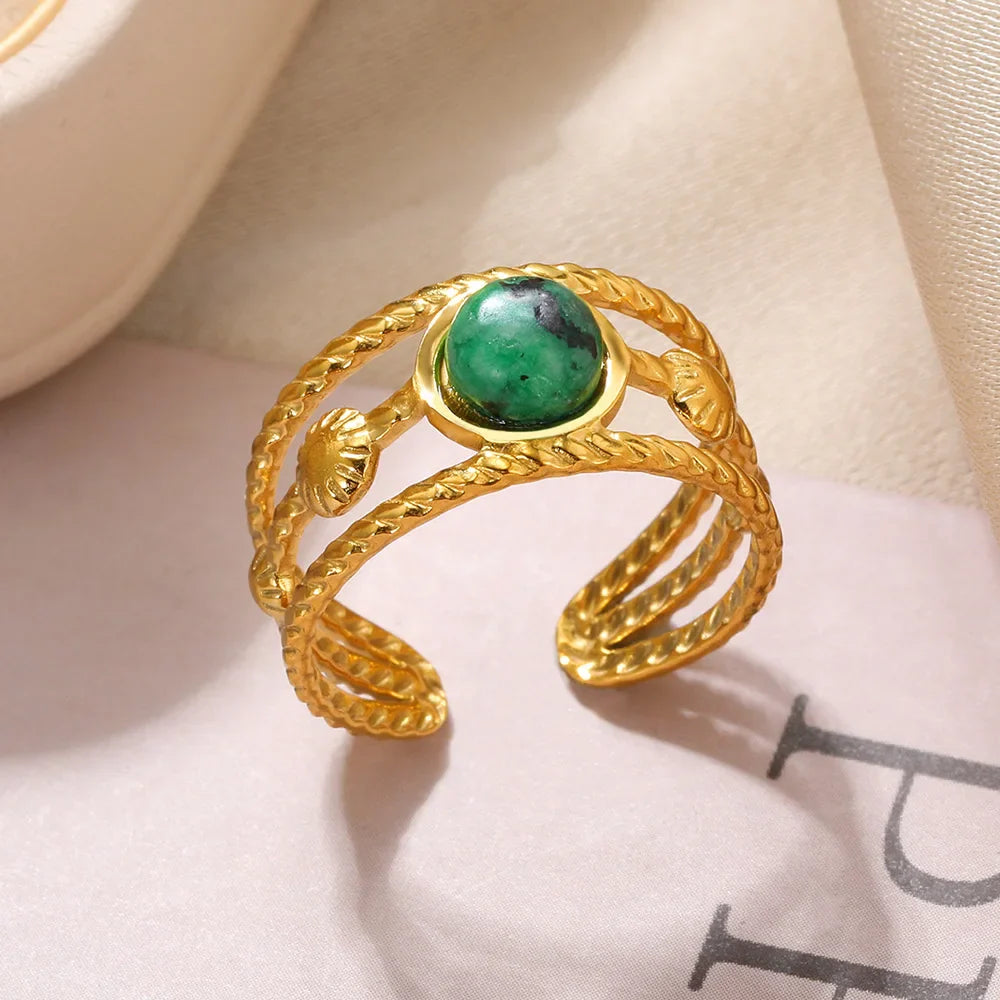 Round Sun Natural Stone Hollow Rings For Women Trendy Aesthetic Classic Gold Color Ring Vintage Stainless Steel Jewelry Gift New