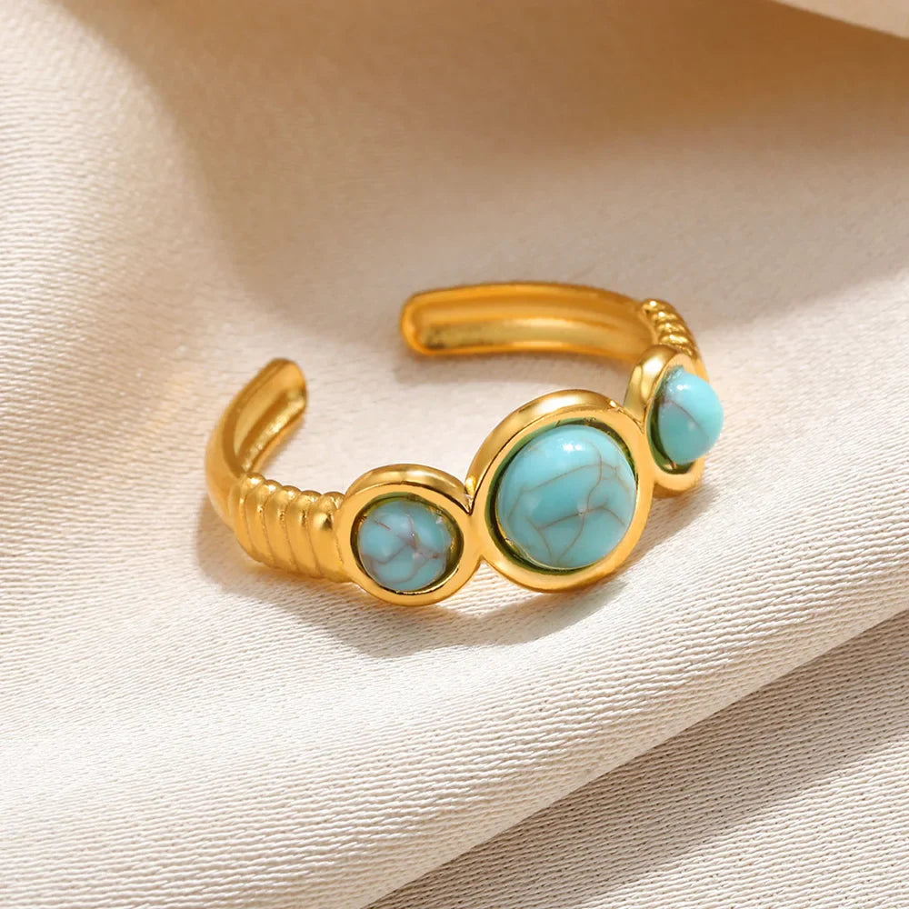 Round Sun Natural Stone Hollow Rings For Women Trendy Aesthetic Classic Gold Color Ring Vintage Stainless Steel Jewelry Gift New