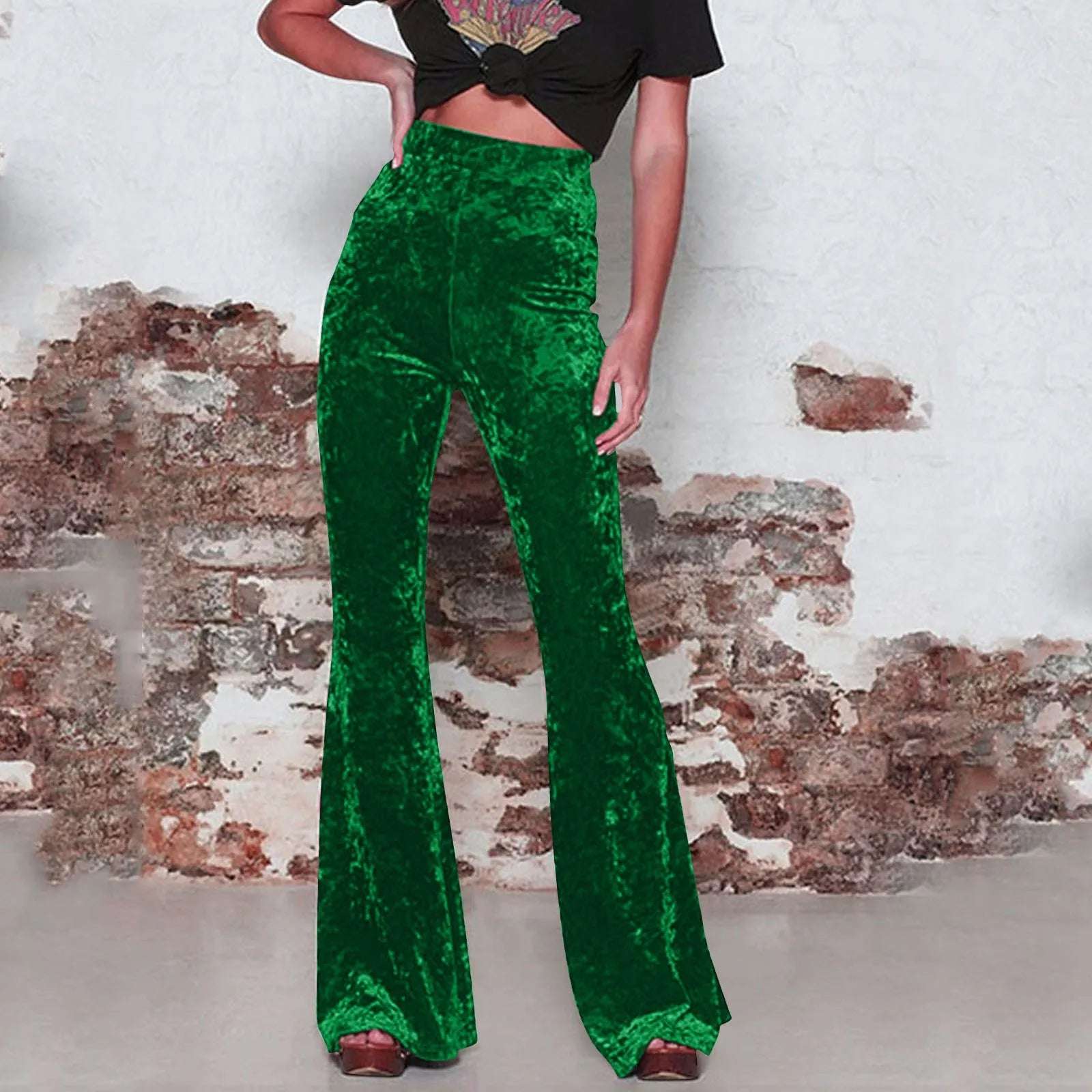 Women Golden Velvet Flare Pants Vintage High Waist Pants Solid Color Pocket Straight Trousers Autumn Street Party Dance Wear