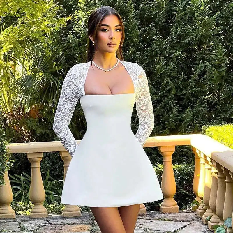 Townlike Lace Patchwork Waist Wrap A-line Dress Women Mini 2024 Autumn Winter Dress Backless Nightclub Sexy Party Dresses