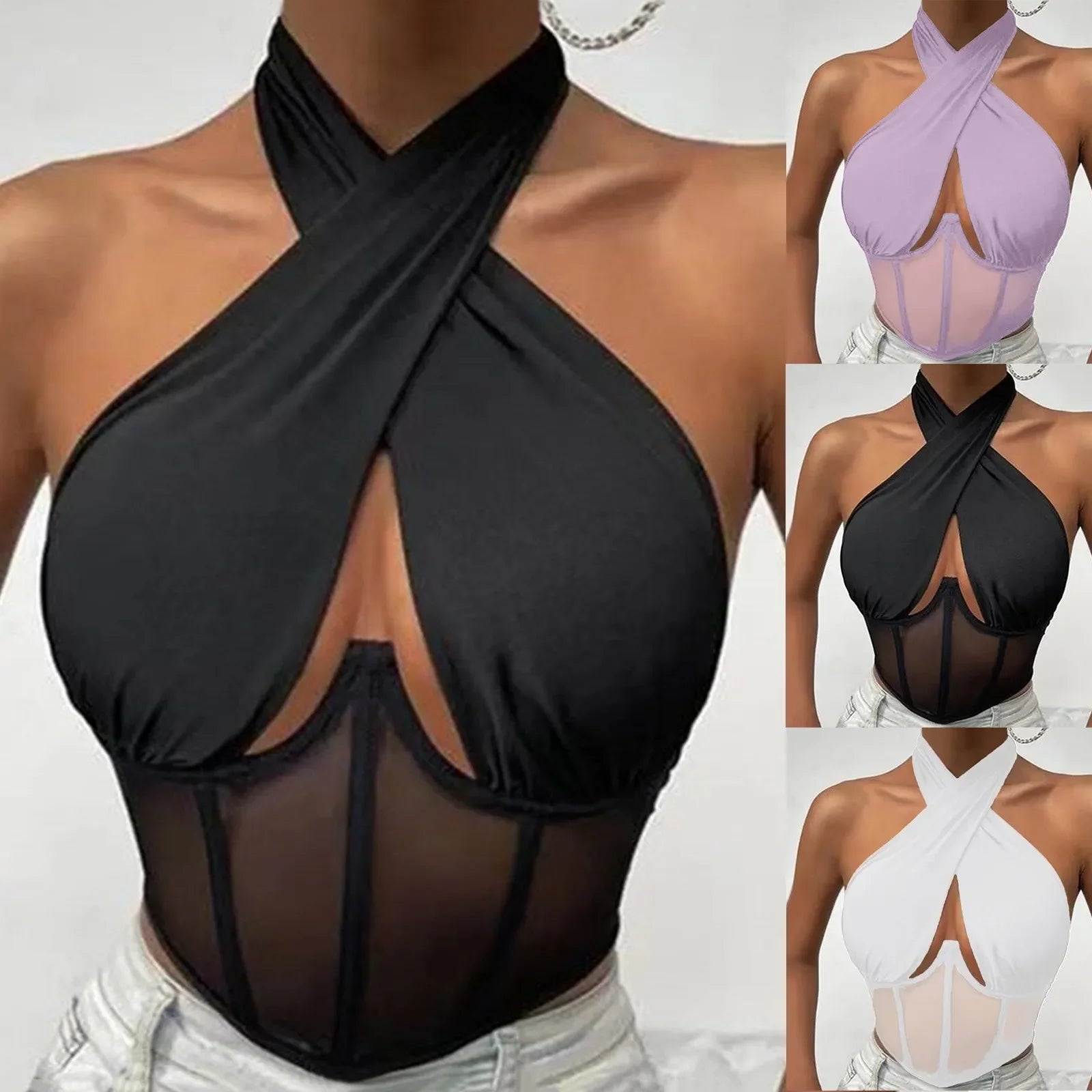 Women Sleeveless Fishbone Corset Vest Solid Hollow Out Cropped Top Summer Halter Backless Sexy Tops Y2k Camis Ropa De Mujer