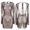 Combhasaki Women‘s Summer Mesh Leopard See-throug Tie-up Backless Mini Dress Flare Long Sleeve Beach Vacation Cover-ups Sundress