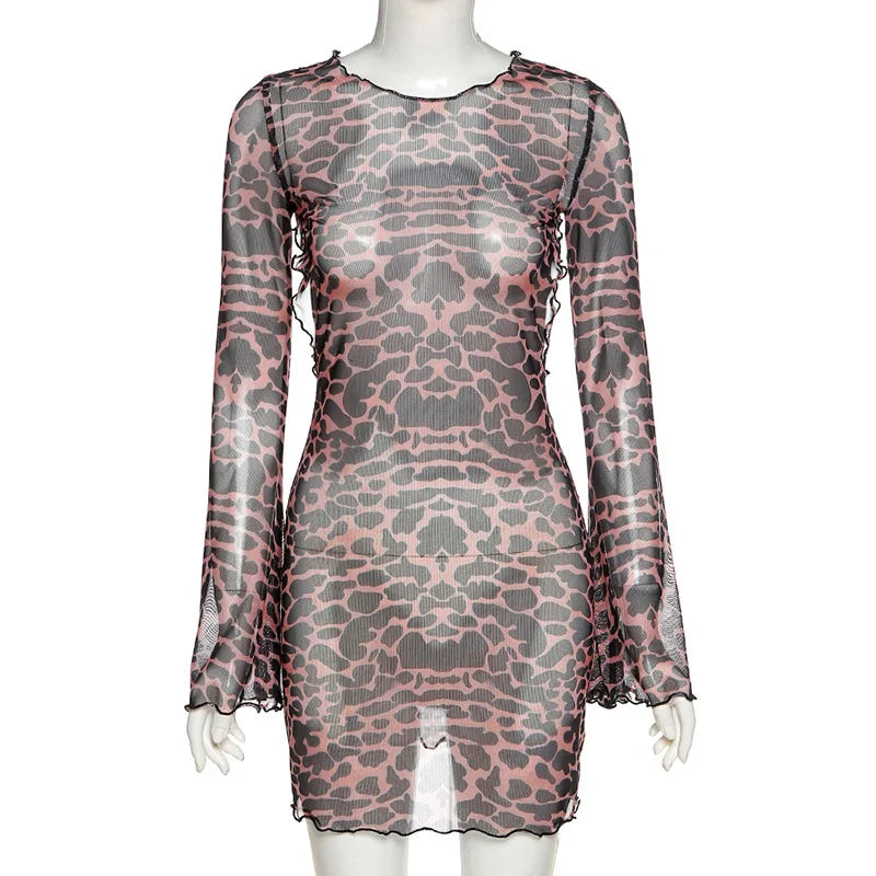 Combhasaki Women‘s Summer Mesh Leopard See-throug Tie-up Backless Mini Dress Flare Long Sleeve Beach Vacation Cover-ups Sundress