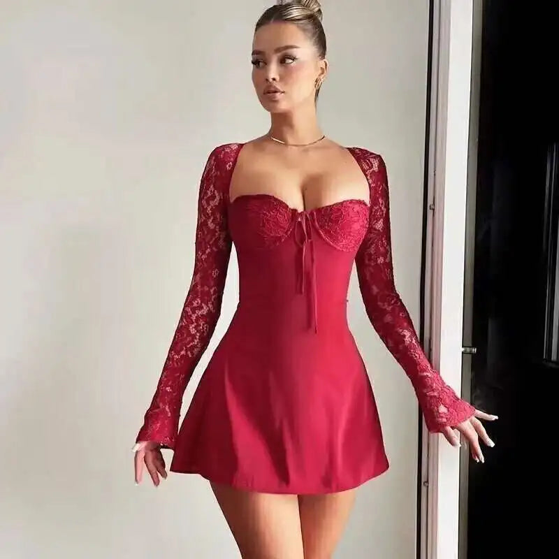 Townlike Lace Patchwork Waist Wrap A-line Dress Women Mini 2024 Autumn Winter Dress Backless Nightclub Sexy Party Dresses