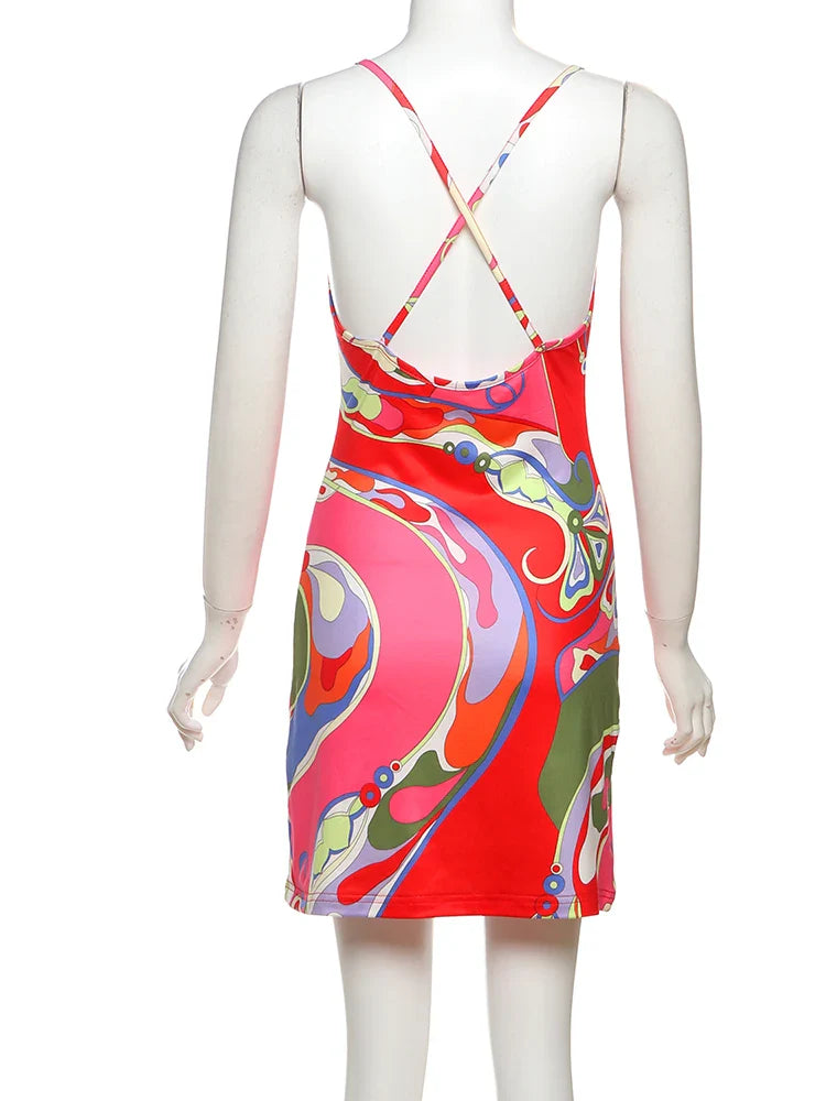 Weird Puss Colorful Print Dress Women Backless Sleeveless Tight Summer Midnight Sexy Peach Hip Hottie Club Trend Hipster Bodycon