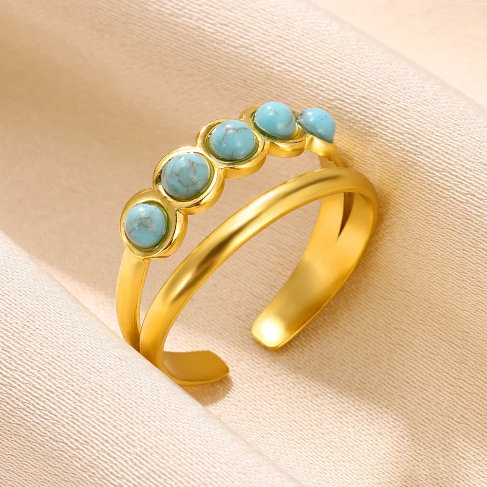 Round Sun Natural Stone Hollow Rings For Women Trendy Aesthetic Classic Gold Color Ring Vintage Stainless Steel Jewelry Gift New