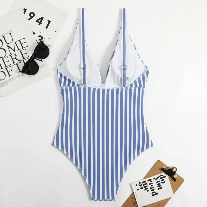 Summer Sexy Striped One Piece Swimsuit Closed Female Swimwear Push Up Body Women's Swim Wear Bathing Suit Beach Pool Bather 2024