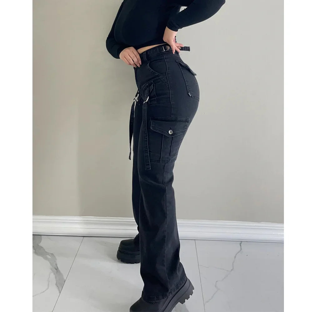 Fashion Women Streetwear Side Pocket Cargo Straight Denim Straight Safari Style Jeans Wide Leg Jeans Trousers Hip-hop Streetwear